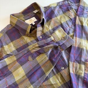 Viyella Mens XL Plaid Button Down Shirt Purple Olive Green Cotton Wool Blend